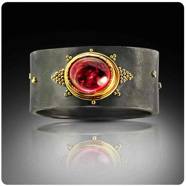 Turkish Delight Ring - Red Spinel Ring - 22K Granulation on Black Silver