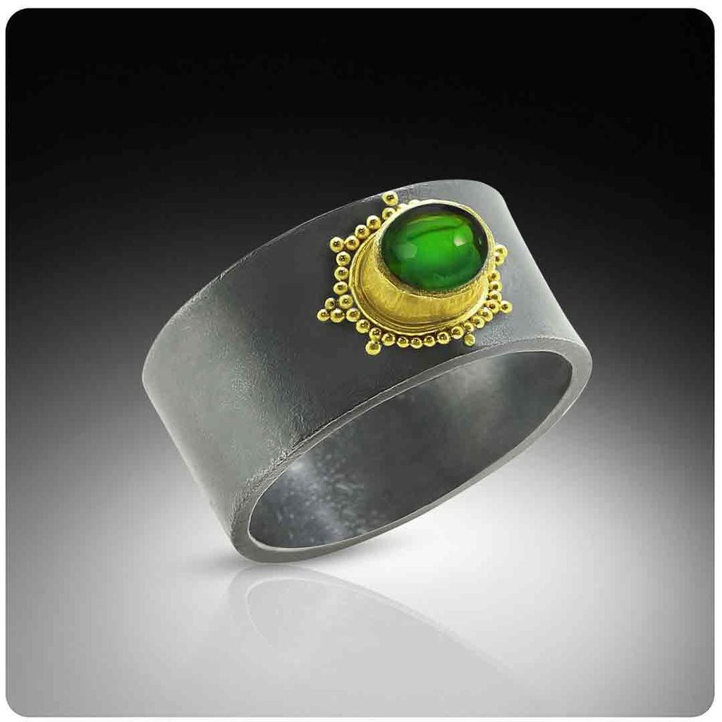 Turkish Delight Ring Green Tourmaline Ring - 22K Granulation on Black Silver