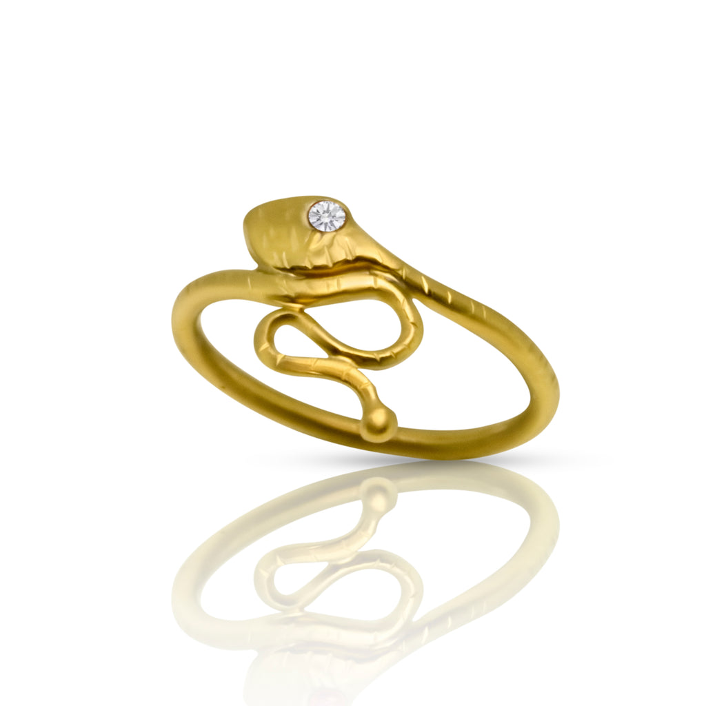 22 karat gold snake rings with jeweled eyes _ Nancy Troske Jewelry