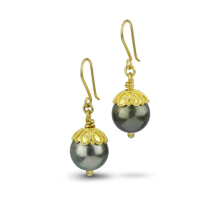 Black Tahitian Pearl and 22k Granulated Earrings - Nancy Troske Jewelry
