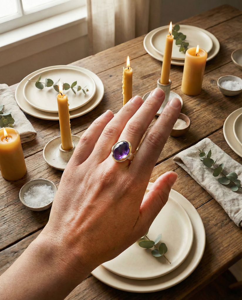 Hand wearing a ring with amethyst gemstone on a wooden table with candles and plates.