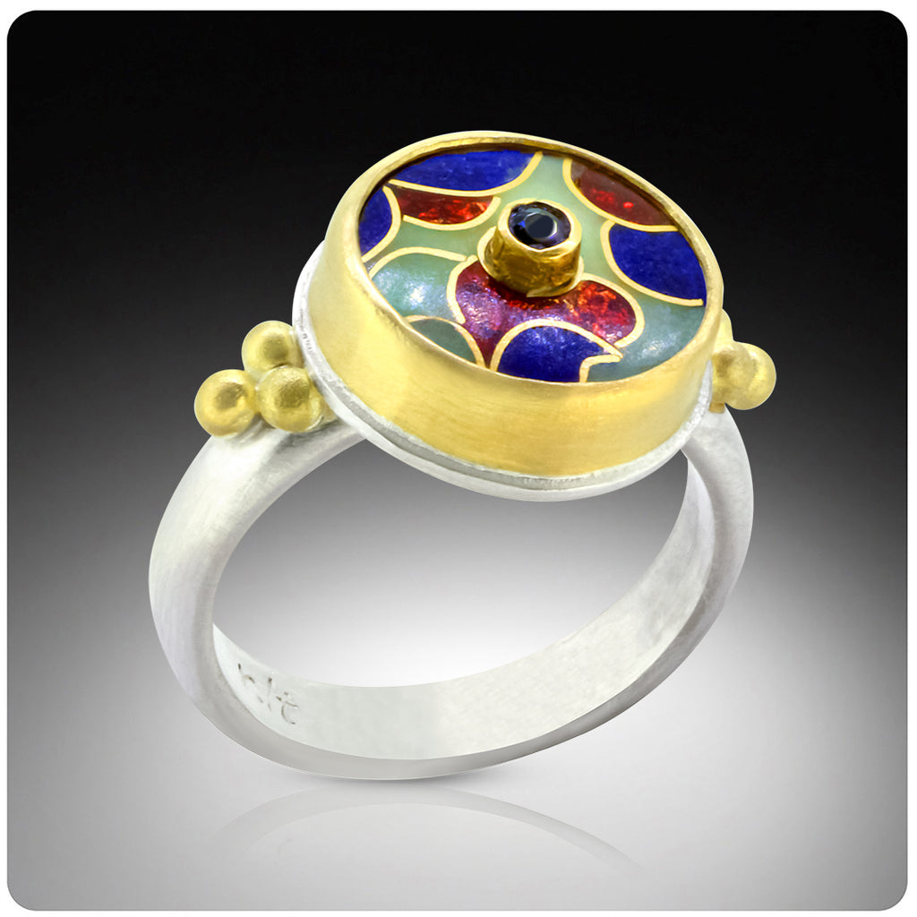 Positive Thinking Ring - Cloisonné and Sapphire