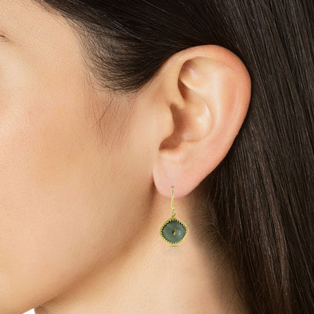 Model wearing Akrotiri Granulated Earrings _ Nancy Troske Jewelry