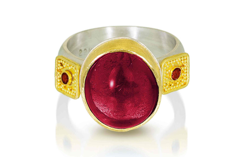 FINAL PMT WENDY LU MCGILL CRETE RING WITH RUBY AND SQUARE GRANULATION - CUSTOM
