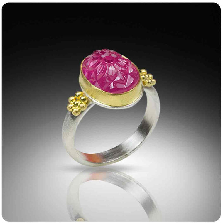 Carved Ruby Ring with Granulated Blossom - Nancy Troske Jewelry