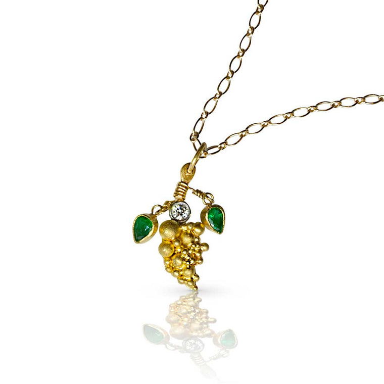 Granulated Gold Grapes with Emerald Leaves - Nancy Troske Jewelry