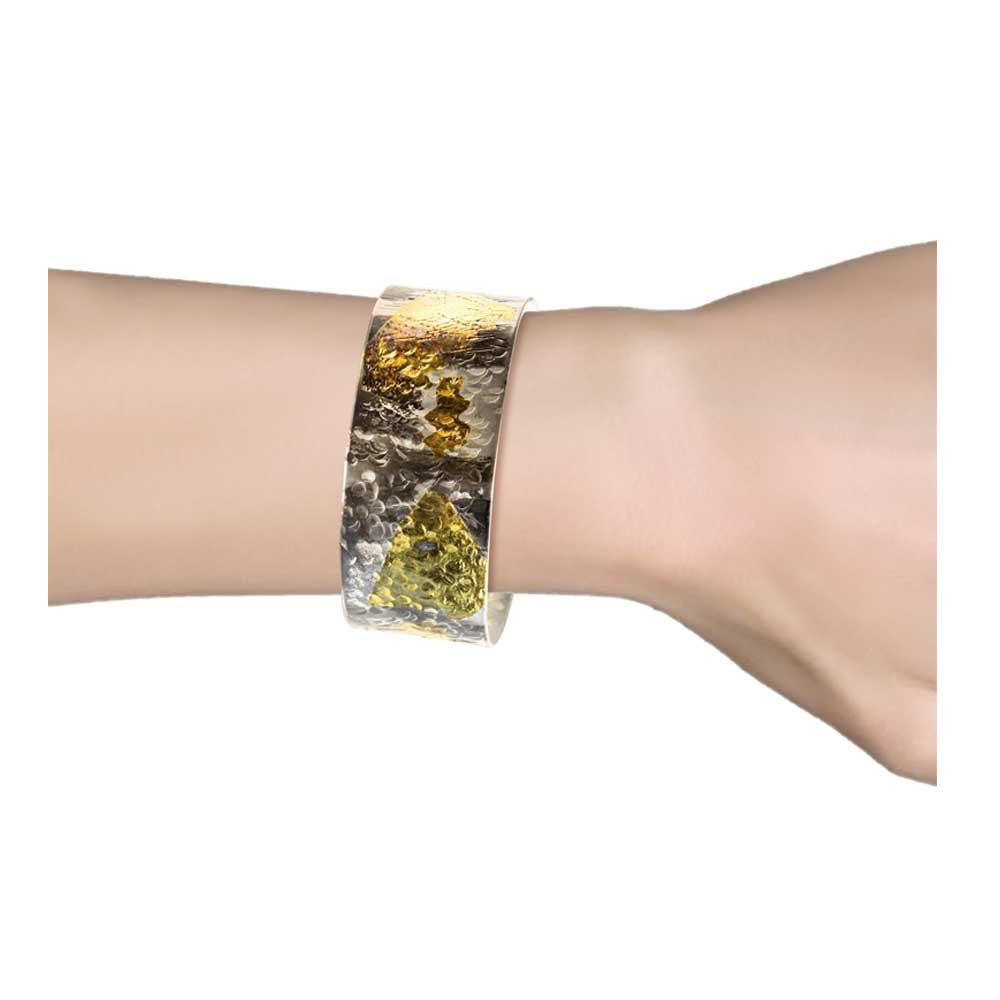 Nancy Troske Jewelry - 24K Gold and Silver Ring, black silver and fused gold hammered cuff