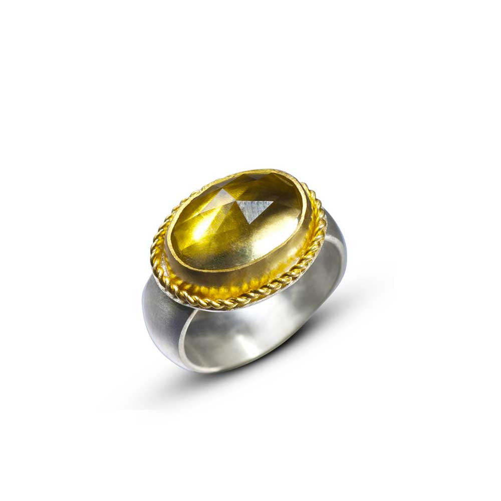 Rose Cut Lemon Quartz Ring with 22k Gold Twisted Wire - Nancy Troske Jewelry