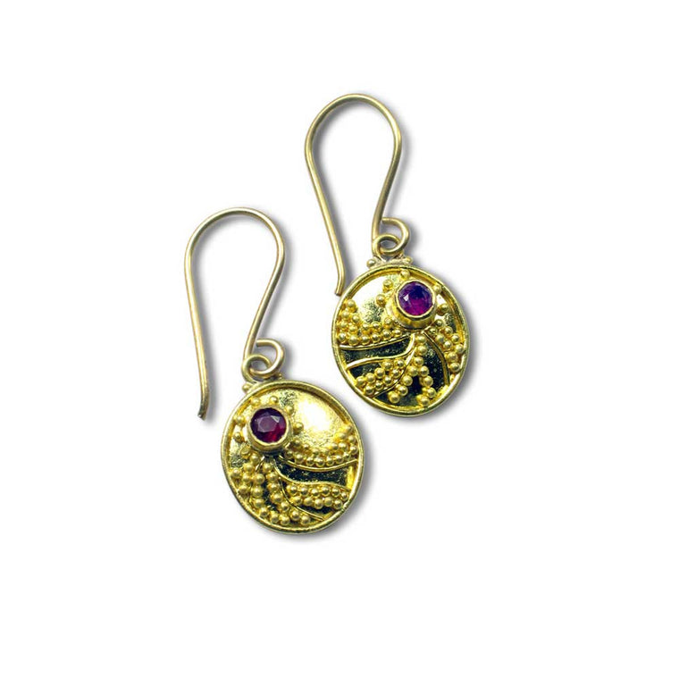 22k Granulated Ruby Earrings - Nancy Troske Jewelry
