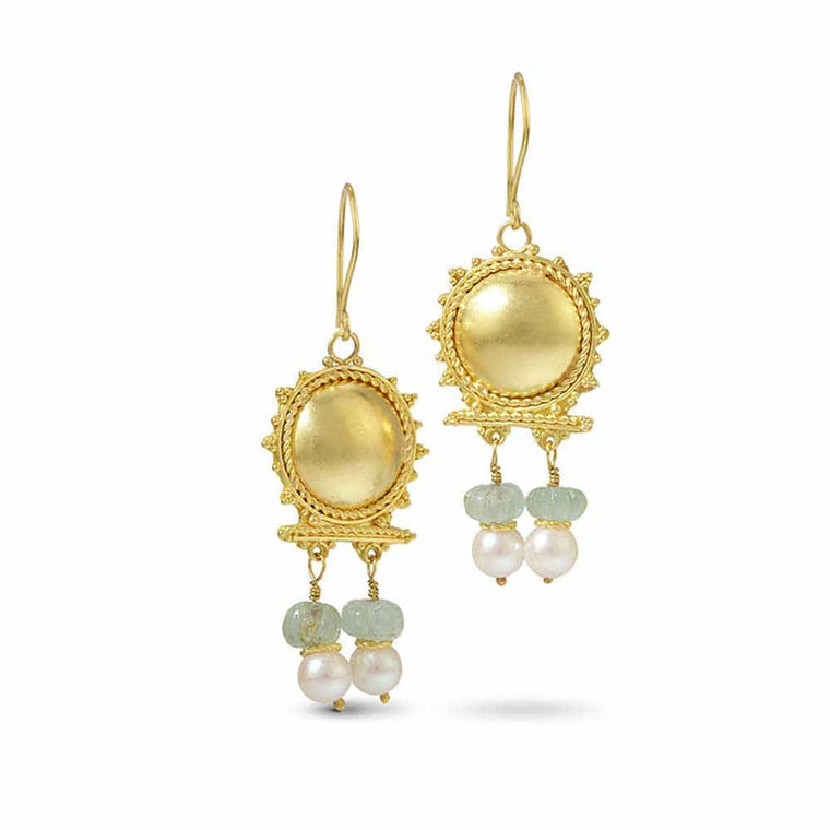 22k Roman Earrings with Aquamarine and Pearls - Nancy Troske Jewelry